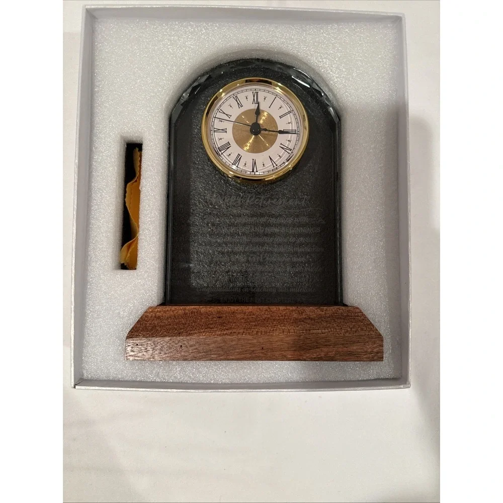 NIB Glass Retirement Clock with Wooden‎ Light Base - Happy Retirement Plaque